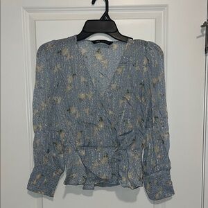 Zara Blue Wrap Ruched 3/4 Sleeve Blouse